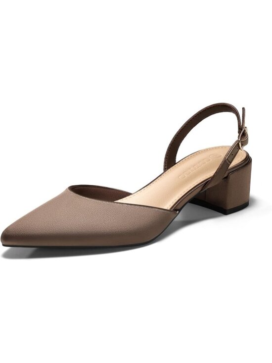 Shoes - Women's Brown Low Chunky Heels Slingback Closed Pointed Toe Pumps Dress Shoes